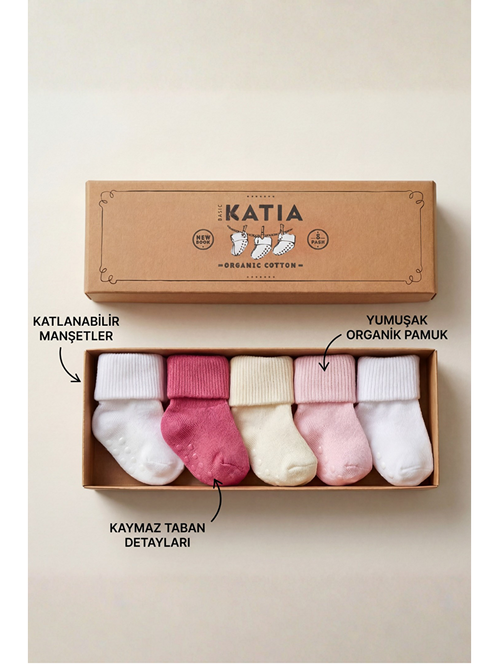 Yenideoğan 5'Li Organik Bebek Soket Çorap Pembe-Beyaz-3