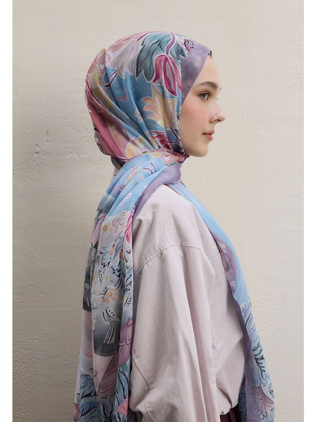 Flower Dreams Desen İpek Krep Şal Soft Pembe-3