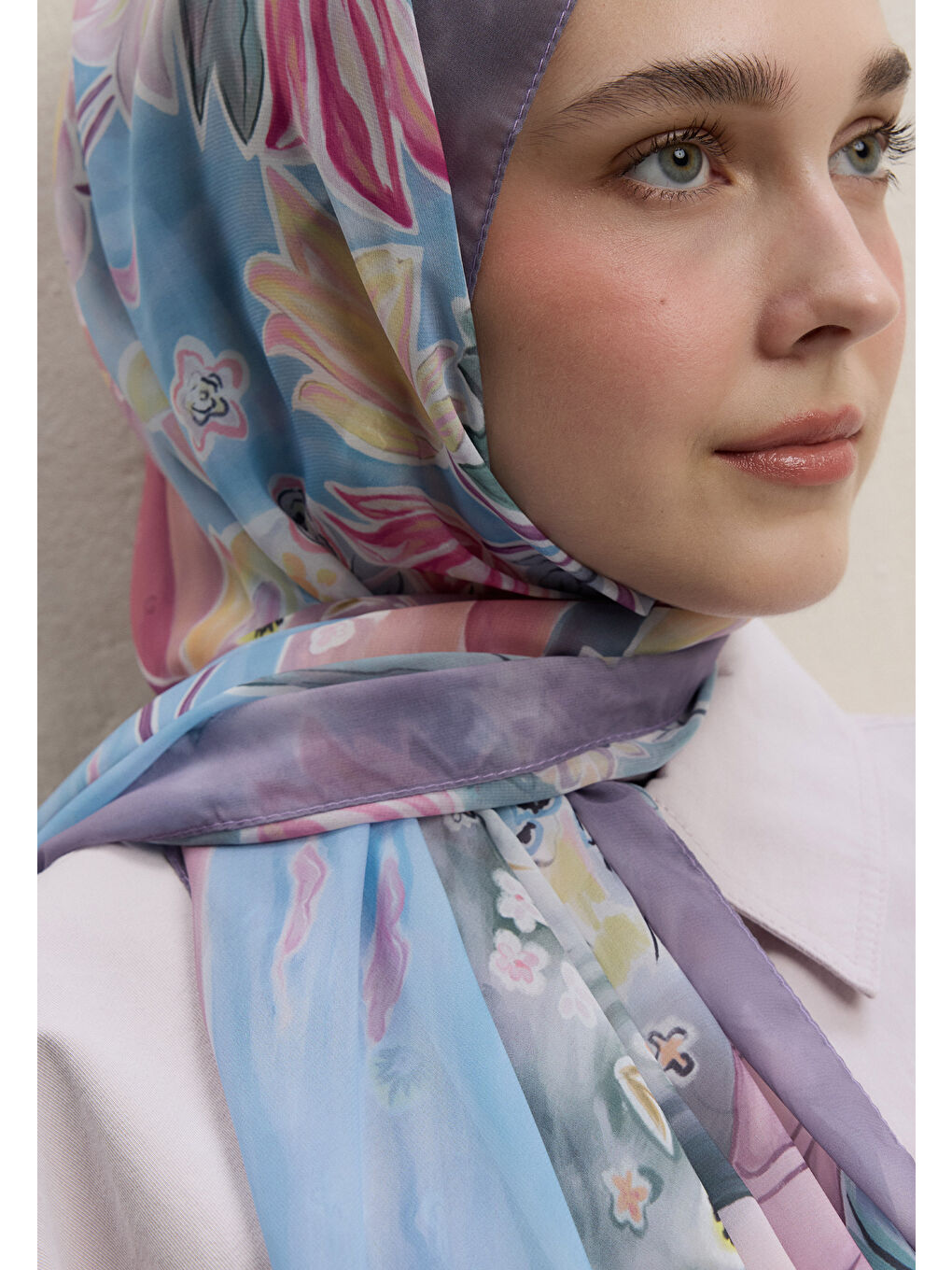 Flower Dreams Desen İpek Krep Şal Soft Pembe-1