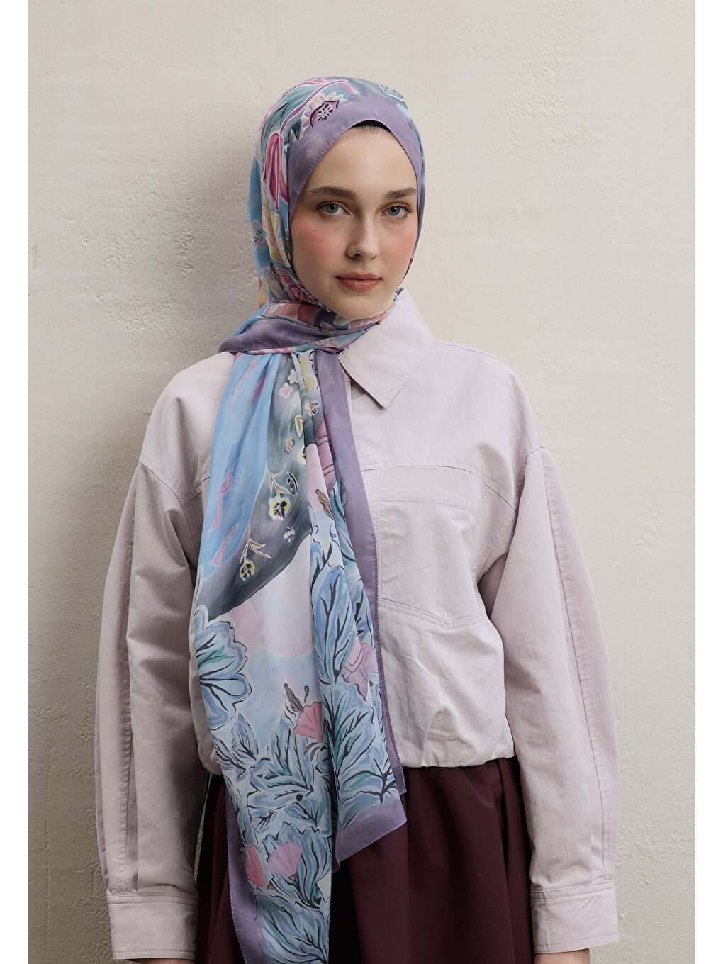 Flower Dreams Desen İpek Krep Şal Soft Pembe-2