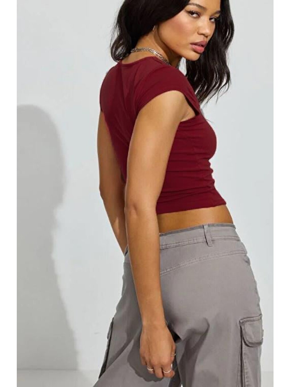 Bordo Kare Yaka Kadın Tişört Mg2294-1