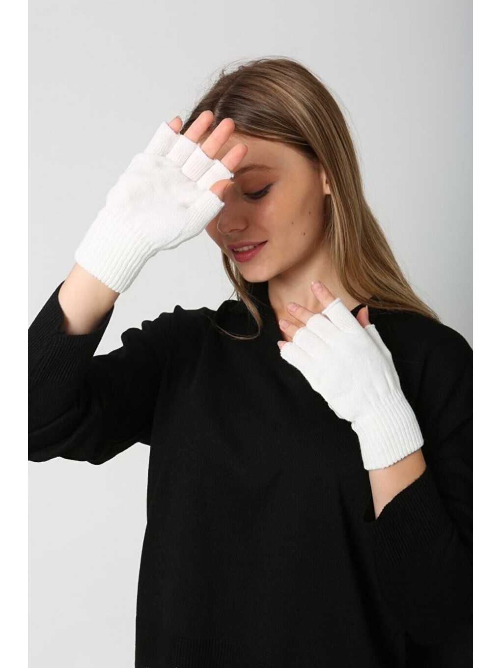 Unisex Kesik Yarım Parmaklı Ekru Eldiven Eld02-3