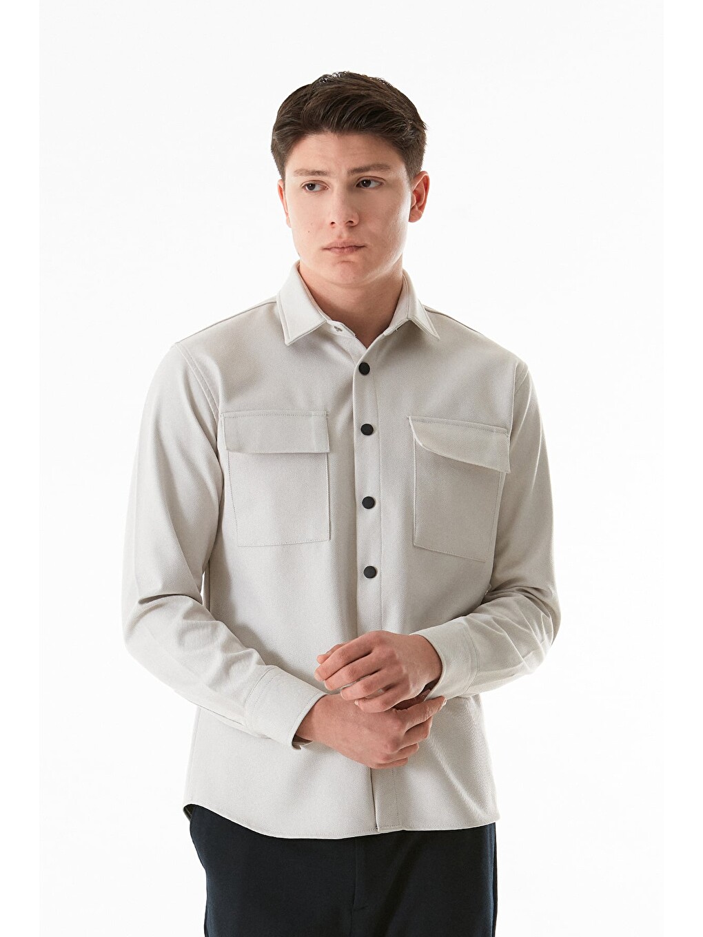 Bej Basic Çift Cepli Çıtçıtlı Gömlek-3
