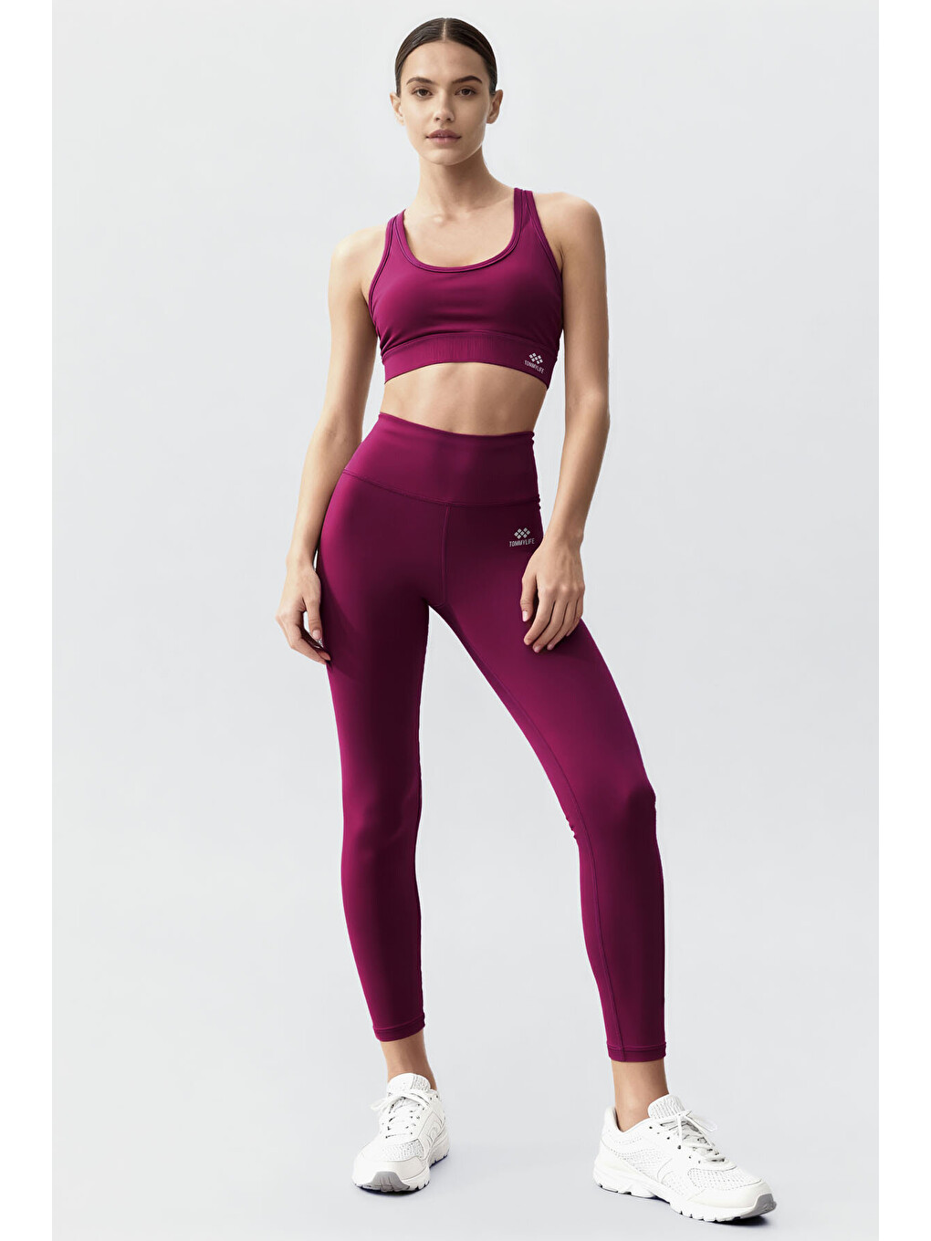 Bordo Yüksek Bel Toparlayıcı Çapraz Sırt Detaylı Slim Fit Kadın Tayt Takım - 95283