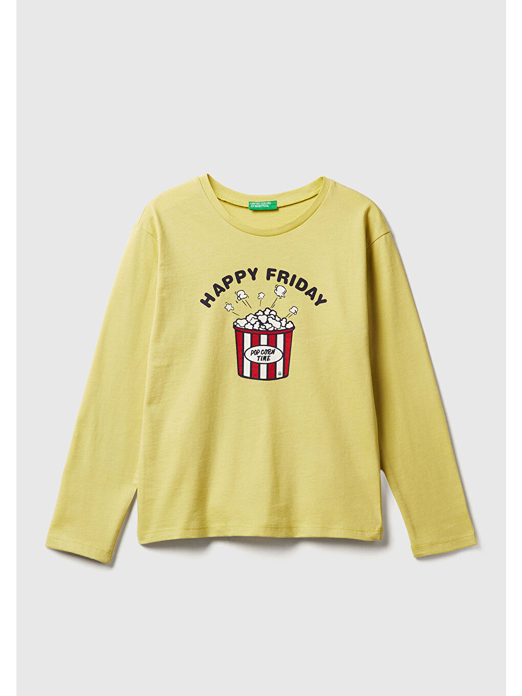 Sarı Kız Çocuk Hardal Önü Baskılı Ribana Yakalı Relaxed Fit Uzun Kollu T-shirt