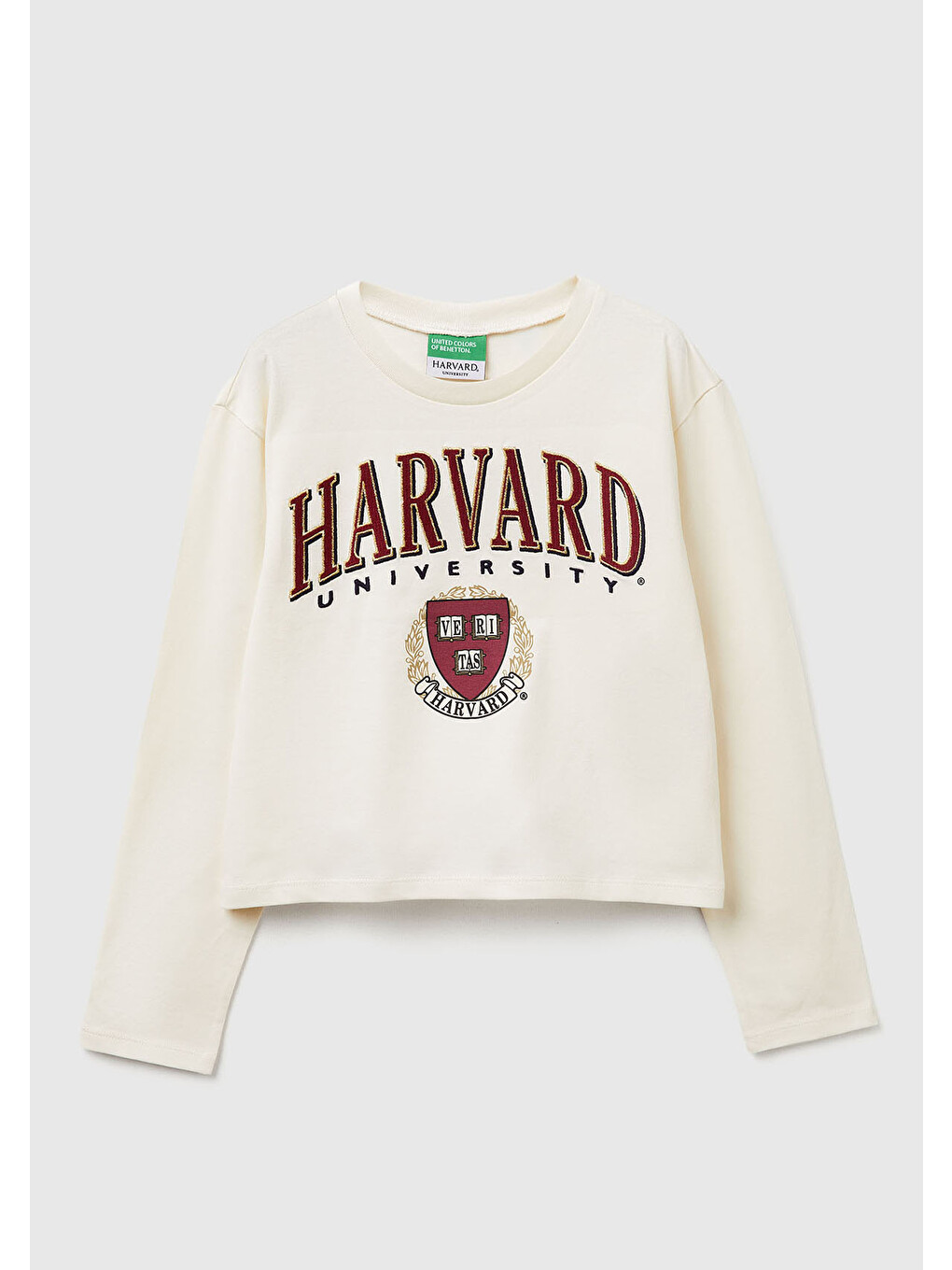 Kız Çocuk Ekru Önü Simli Baskılı Logo Etiketli Boxy Uzun Kollu T-shirt