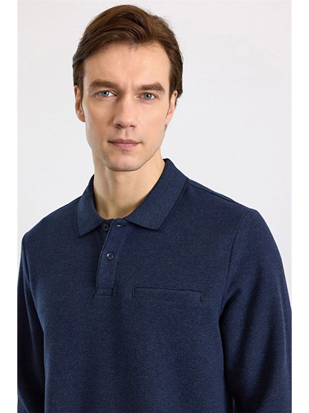 Lacivert Regular Düz Polo Yaka Sweatshirt-1
