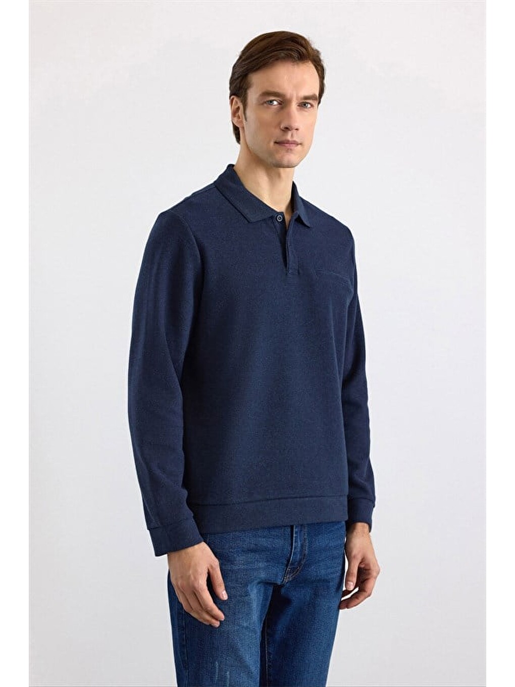 Lacivert Regular Düz Polo Yaka Sweatshirt-2