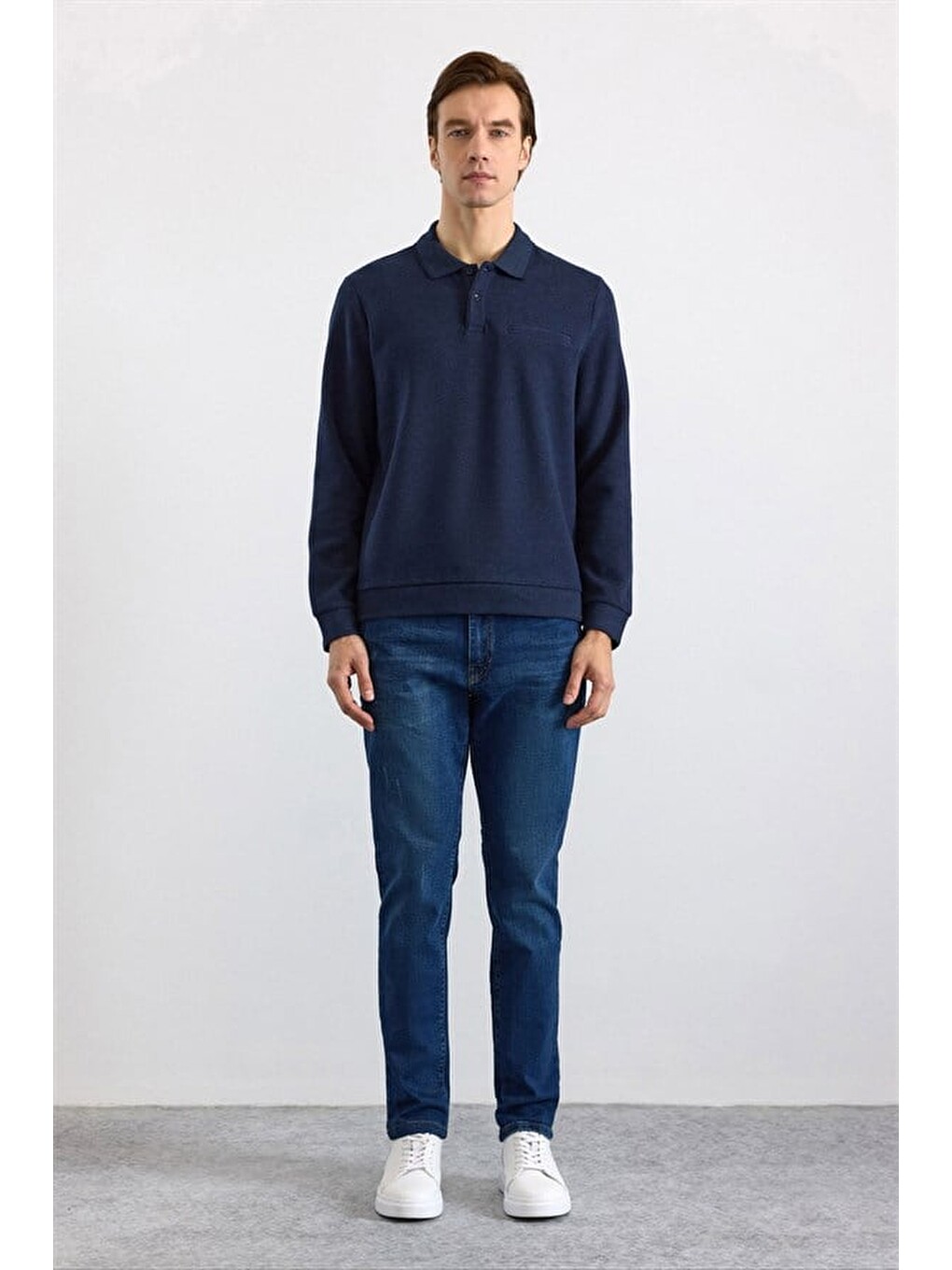 Lacivert Regular Düz Polo Yaka Sweatshirt-3