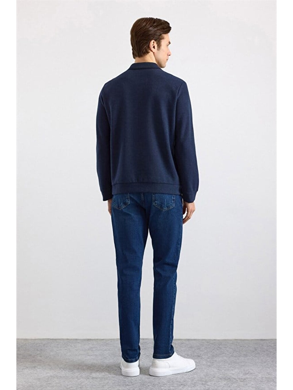 Lacivert Regular Düz Polo Yaka Sweatshirt-4