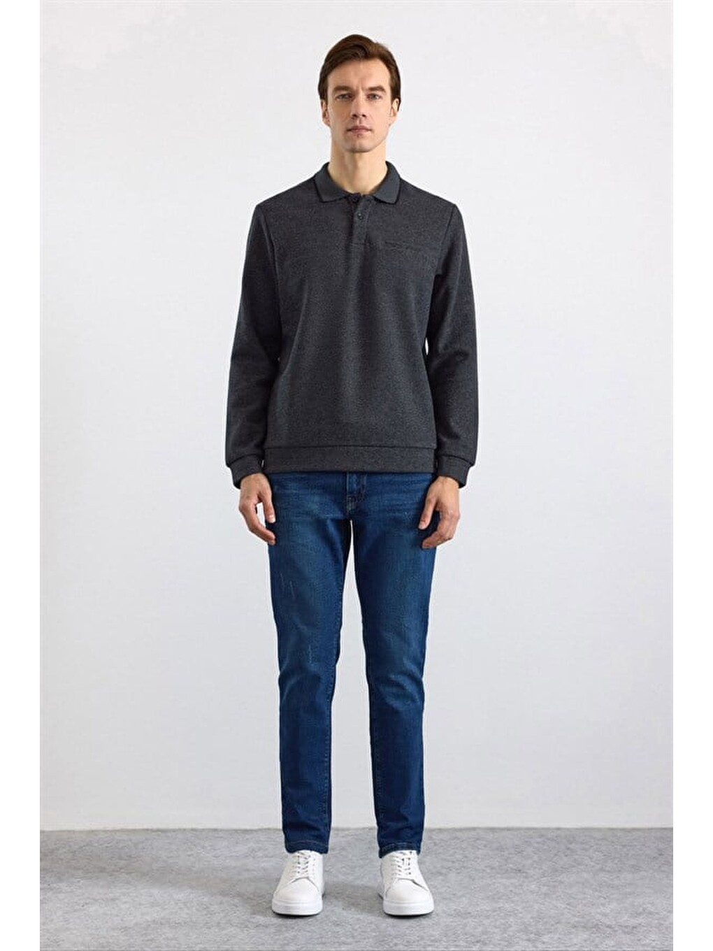 Antrasit Regular Düz Polo Yaka Sweatshirt-2