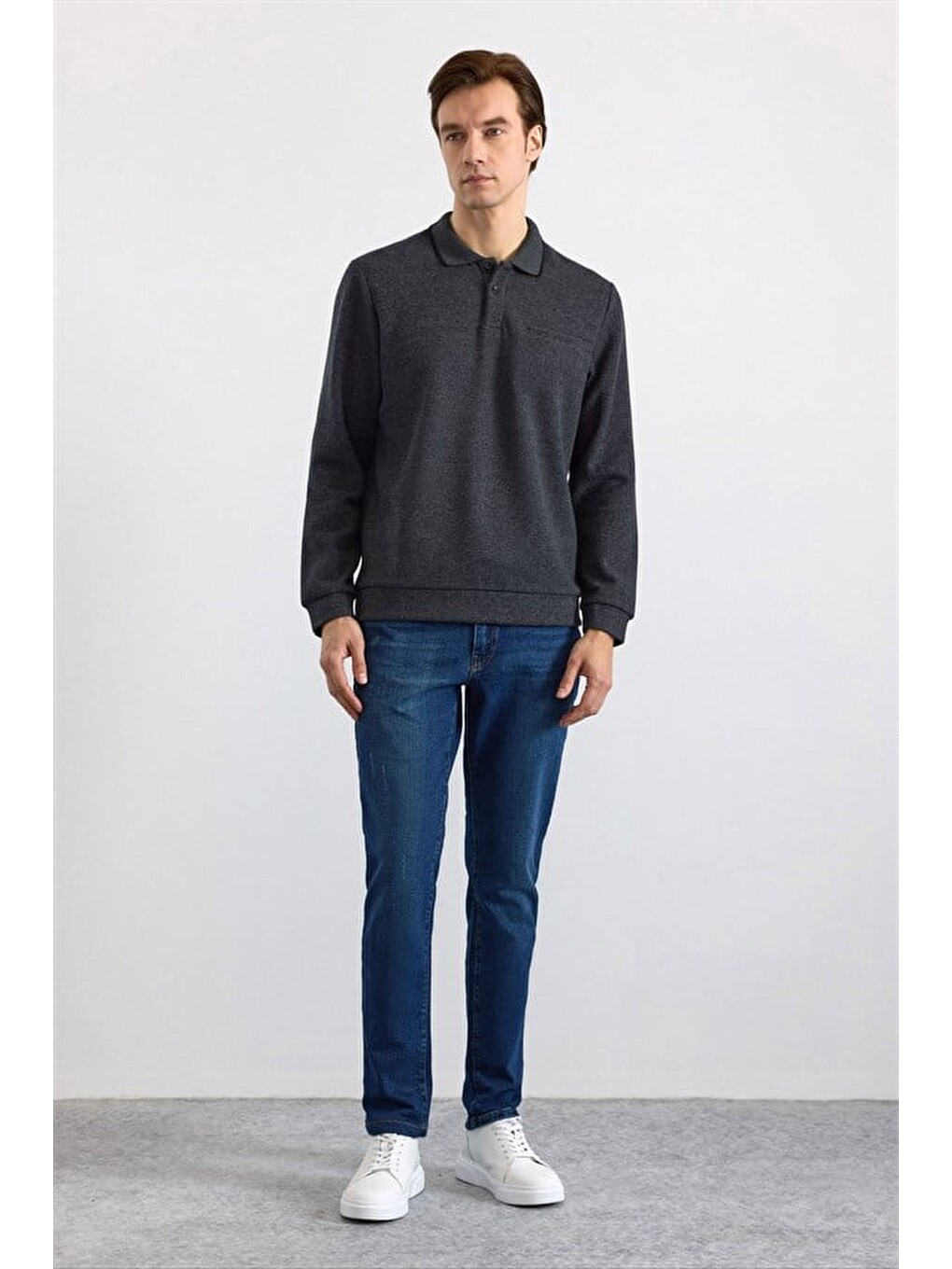 Antrasit Regular Düz Polo Yaka Sweatshirt-3