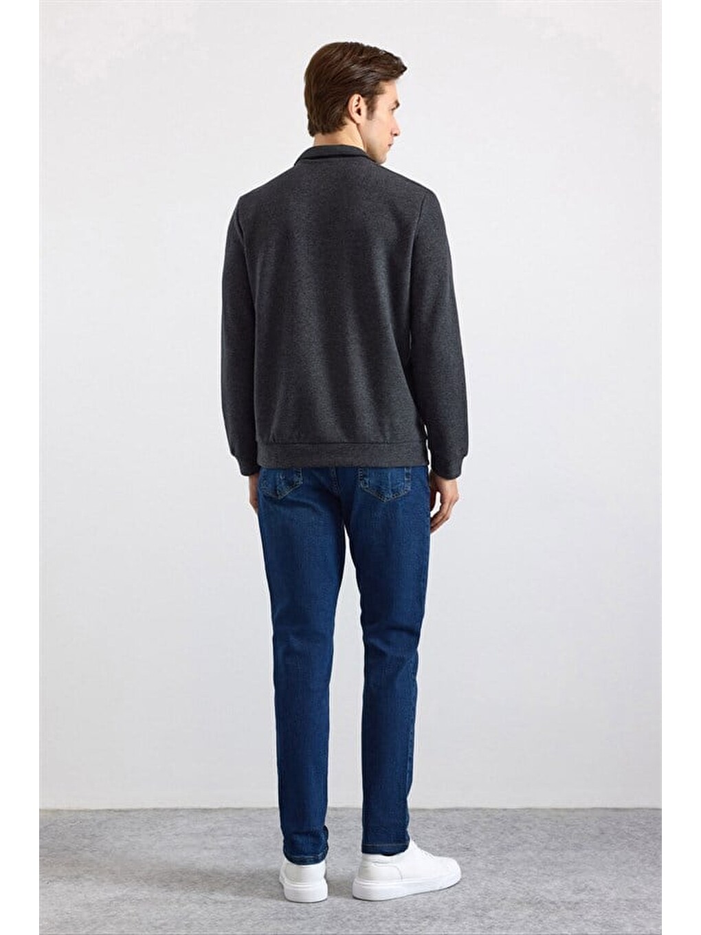 Antrasit Regular Düz Polo Yaka Sweatshirt-4
