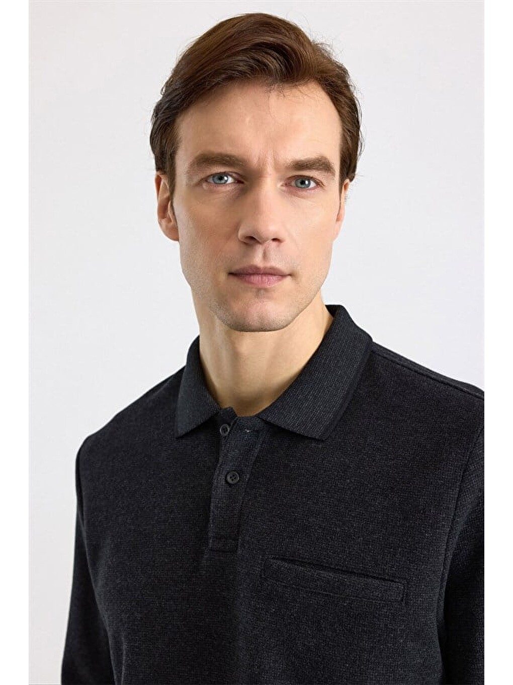 Siyah Regular Düz Polo Yaka Sweatshirt-1