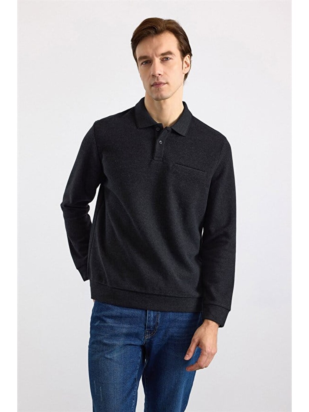 Siyah Regular Düz Polo Yaka Sweatshirt-2