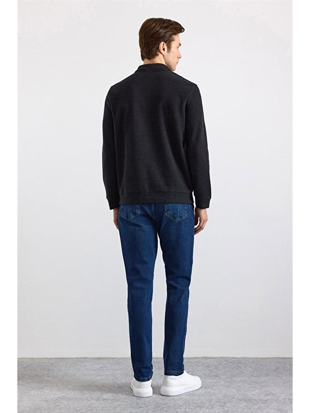 Siyah Regular Düz Polo Yaka Sweatshirt-3