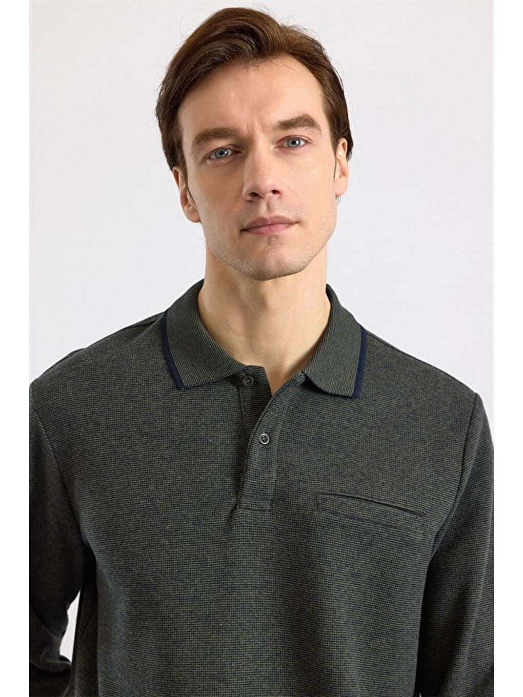 Haki Regular Düz Polo Yaka Sweatshirt-1