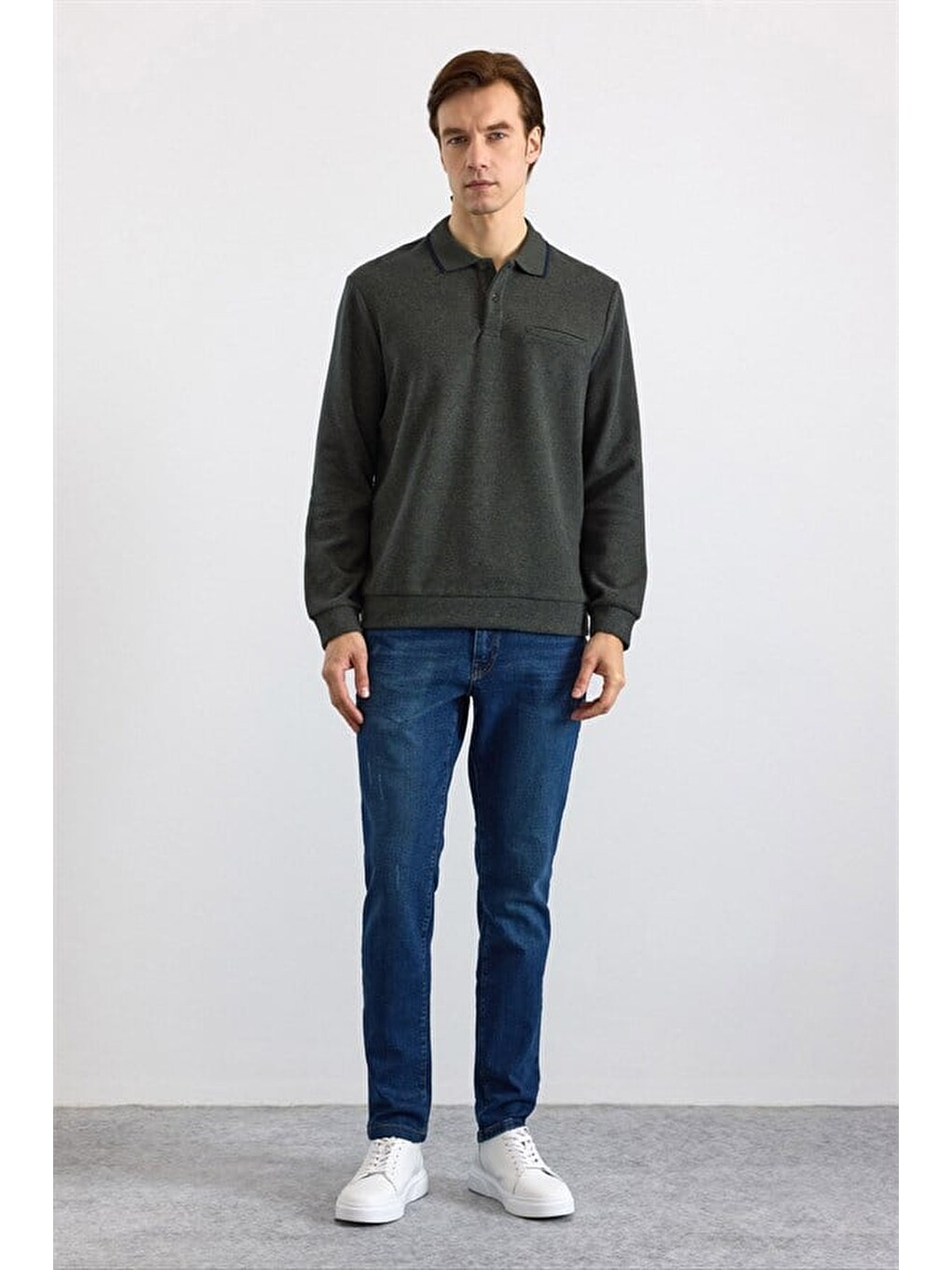 Haki Regular Düz Polo Yaka Sweatshirt-2