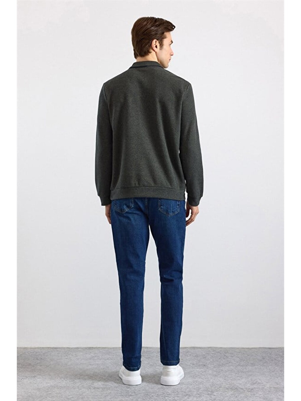 Haki Regular Düz Polo Yaka Sweatshirt-3