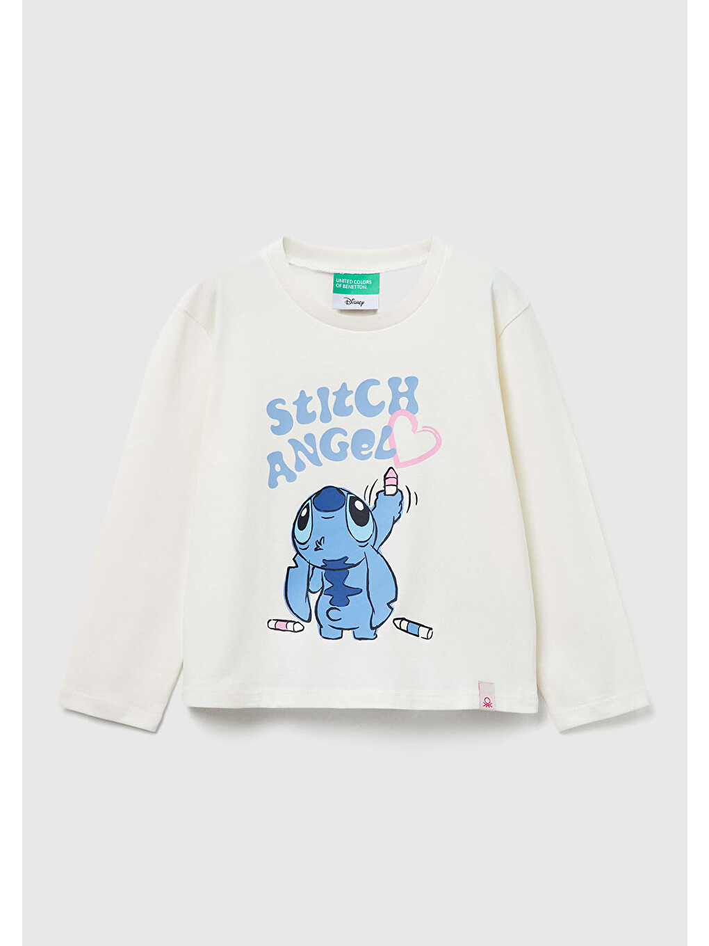 Kız Çocuk Ekru Önü Baskılı Logo Etiketli Ribana Yakalı Uzun Kollu T-shirt