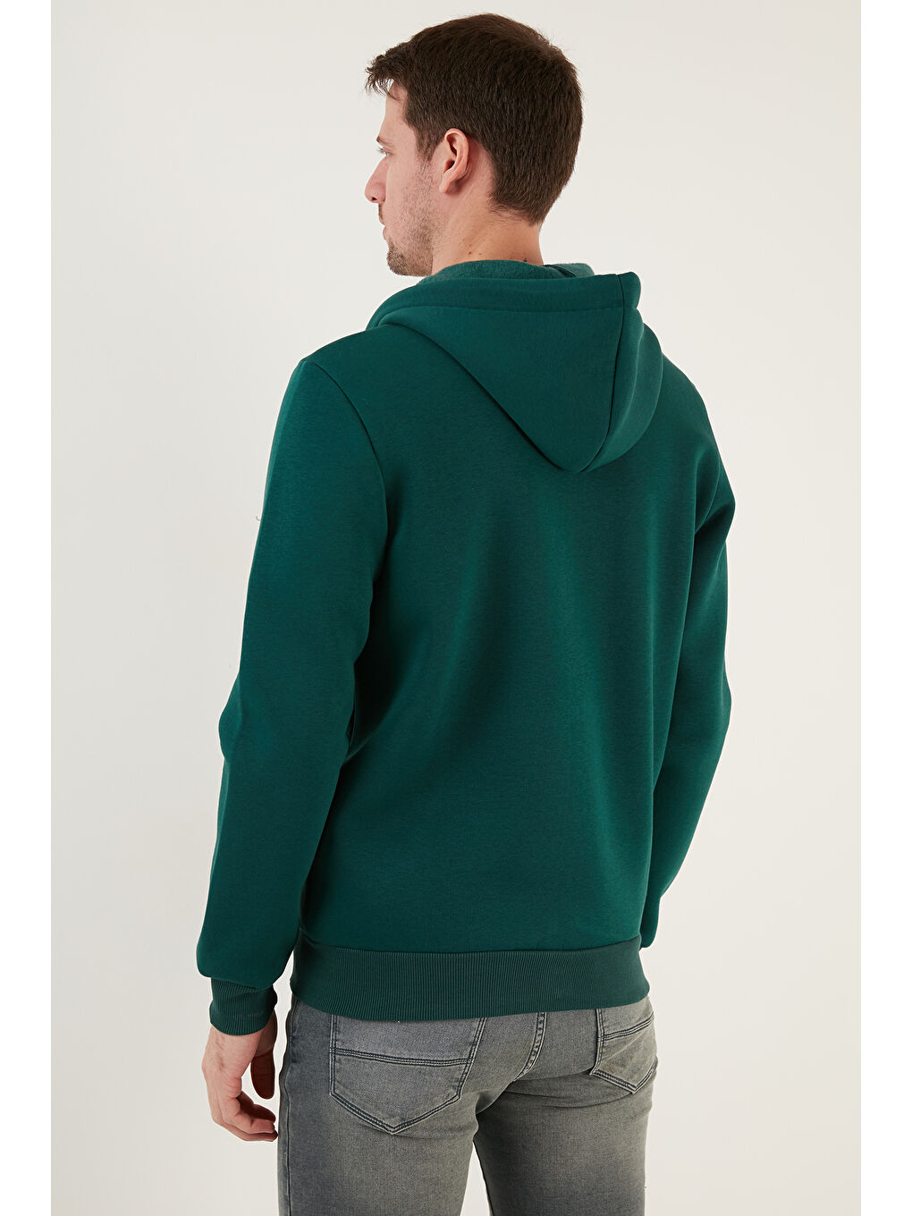 Yeşil Slim Fit Kapüşonlu  İçi Tüylü Yumuşak Şardonlu Kışlık Fermuarlı Sweatshirt 5905340-5