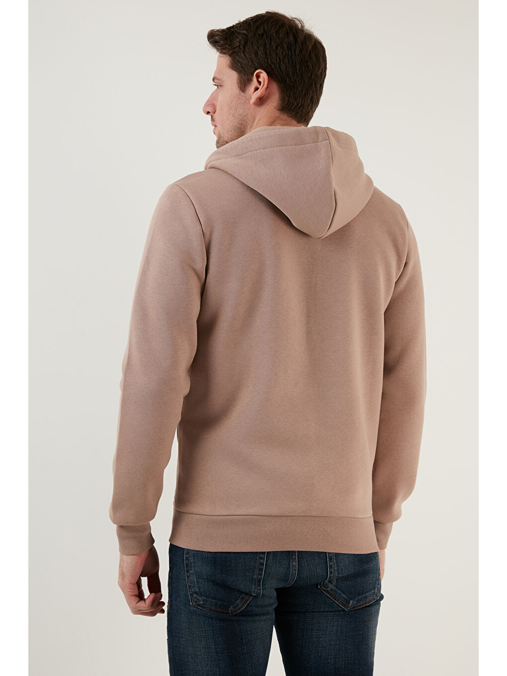 Bej Slim Fit Kapüşonlu  İçi Tüylü Yumuşak Şardonlu Kışlık Fermuarlı Sweatshirt 5905340-5