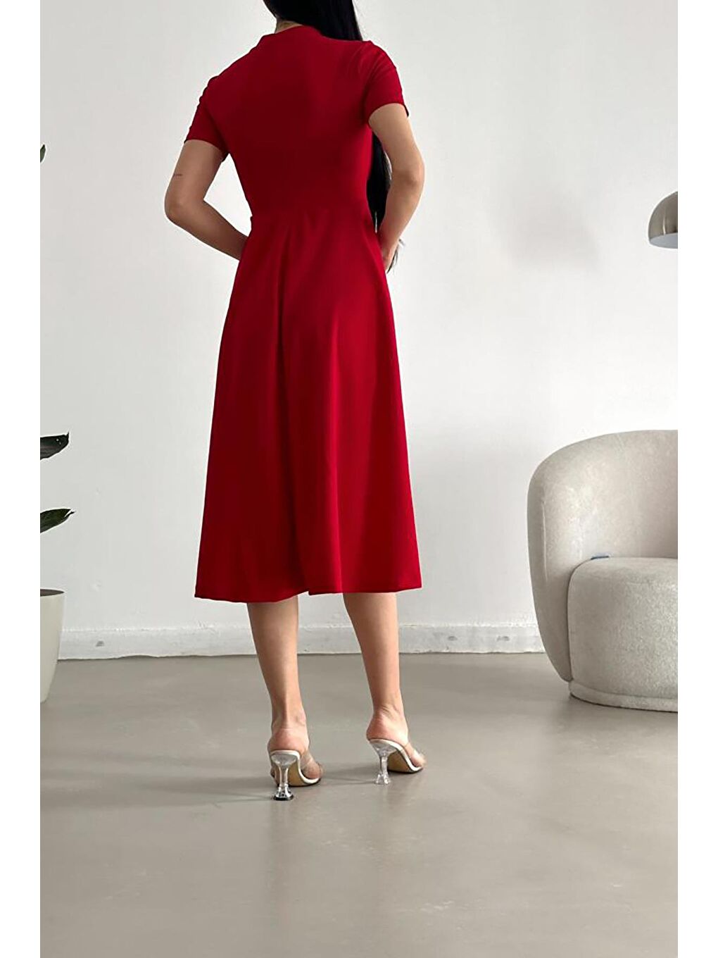 Kırmızı Kısa Kollu Cepli Uzun Krep Kumaş Elbise-2