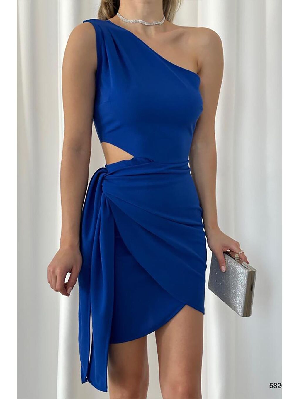 Saks Mavisi Asimetrik Kesim Eteği Bağlamalı Krep Kumaş Elbise-2