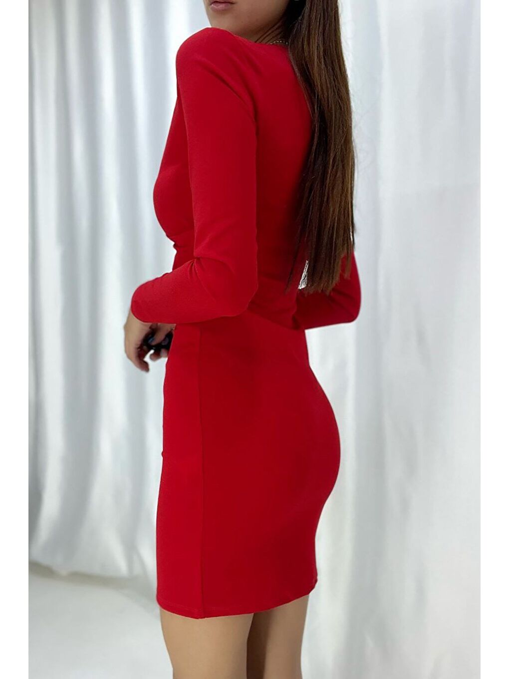 Kırmızı Krep Kumaş Kruvaze Yaka Uzun Kollu Elbise-1