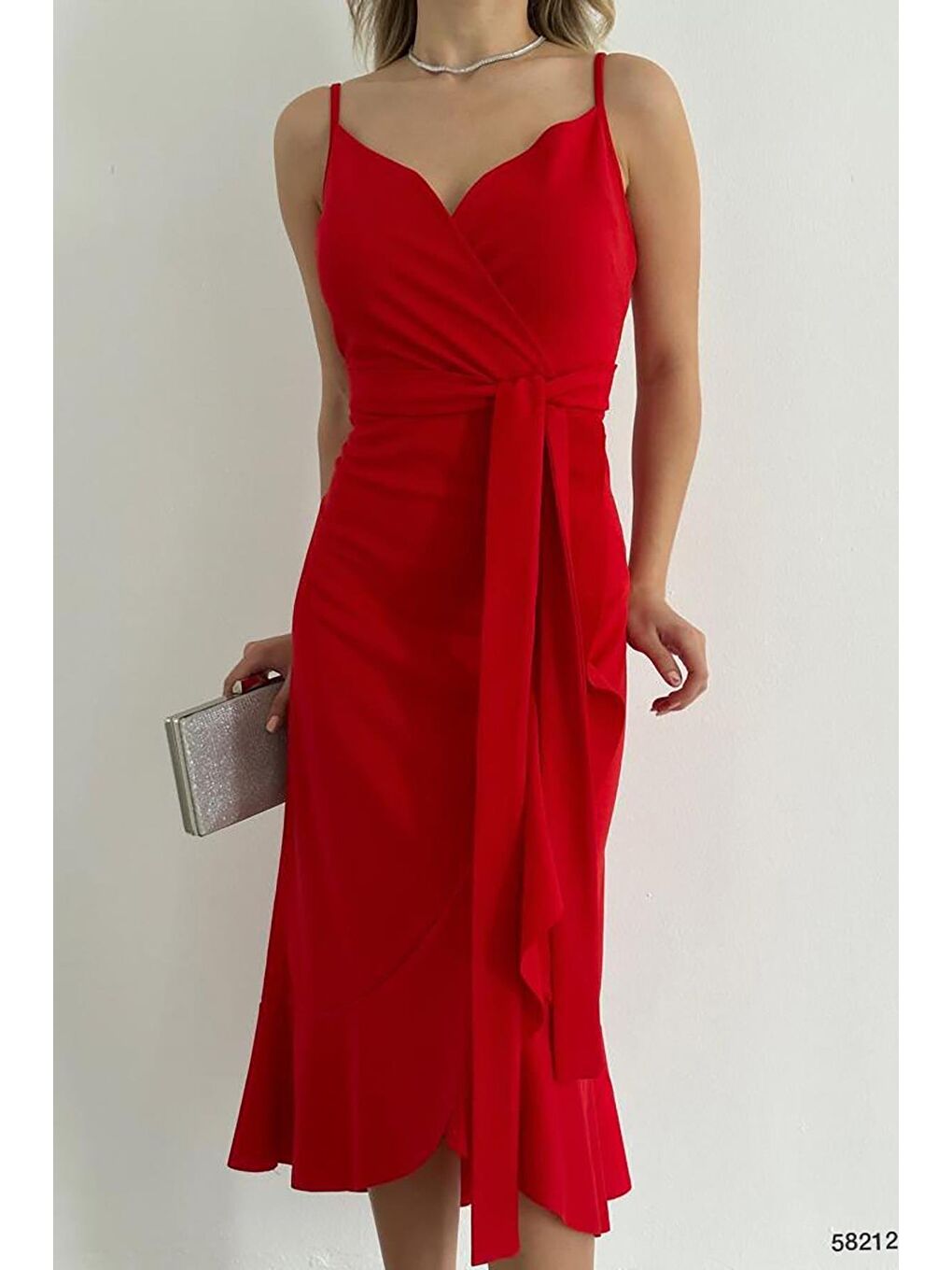 Kırmızı Volanlı Midi Boy Kuşaklı Elbise-2