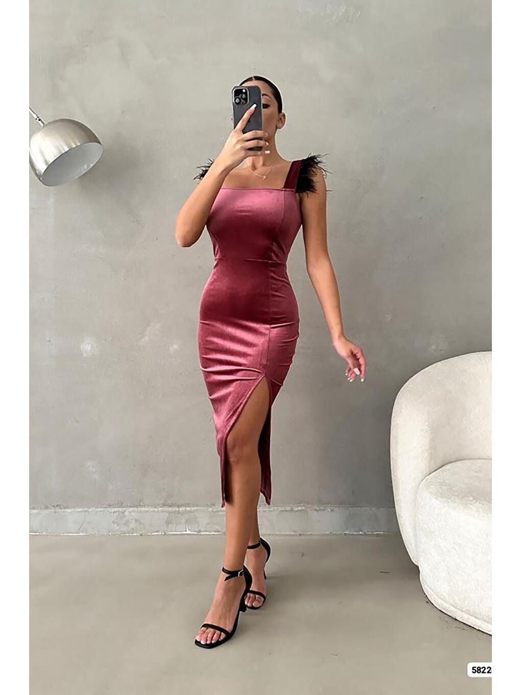 Pembe Pudra Otriş Detaylı Kadife Elbise-2