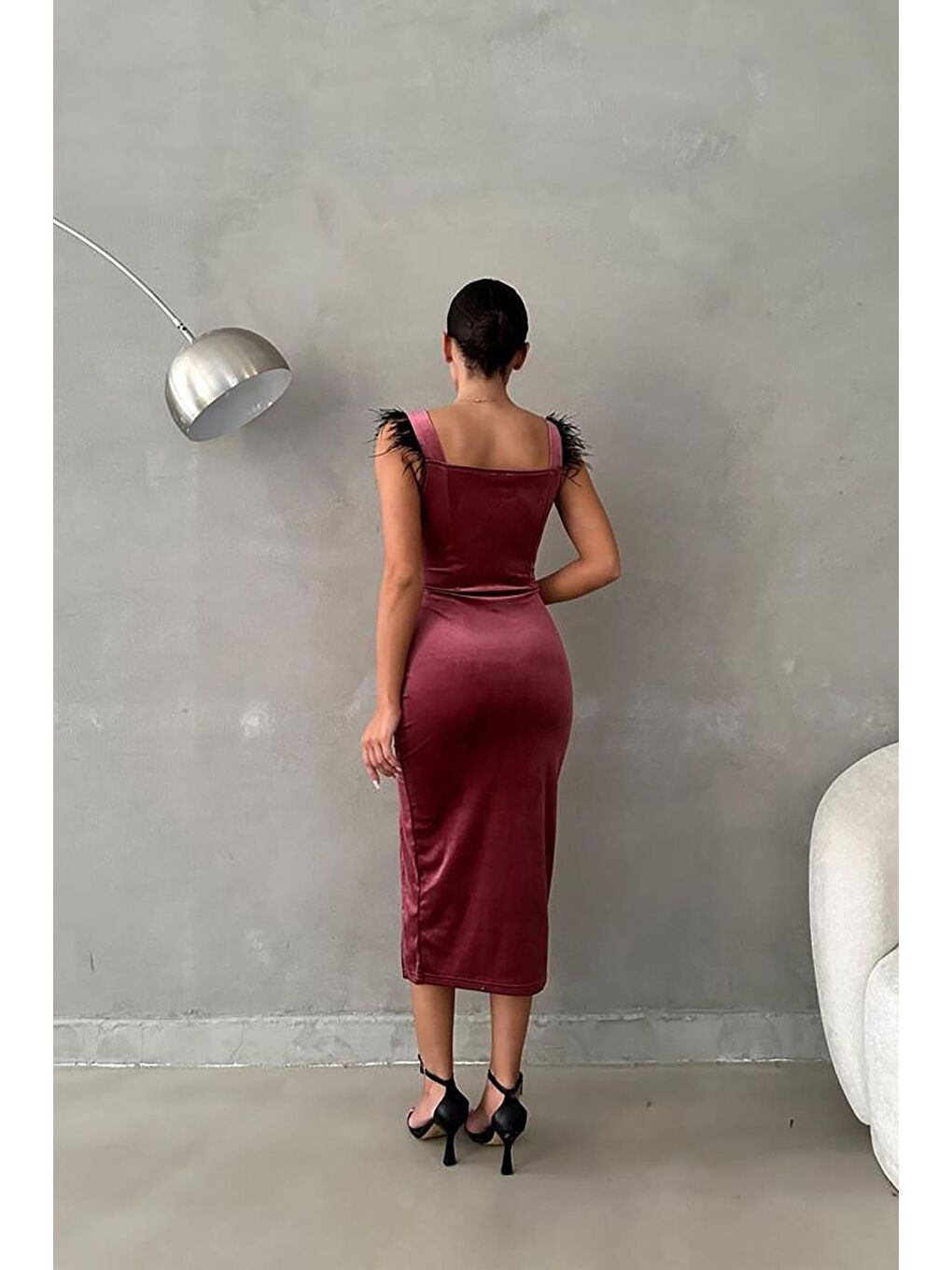 Pembe Pudra Otriş Detaylı Kadife Elbise-4