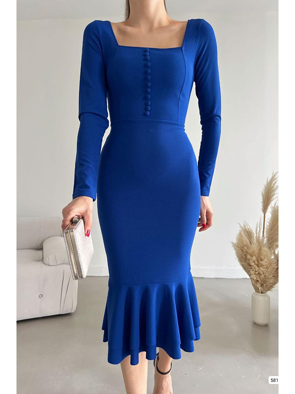 Mavi Düğme Detay Balık Model Midi Boy Uzun Kollu Elbise-2