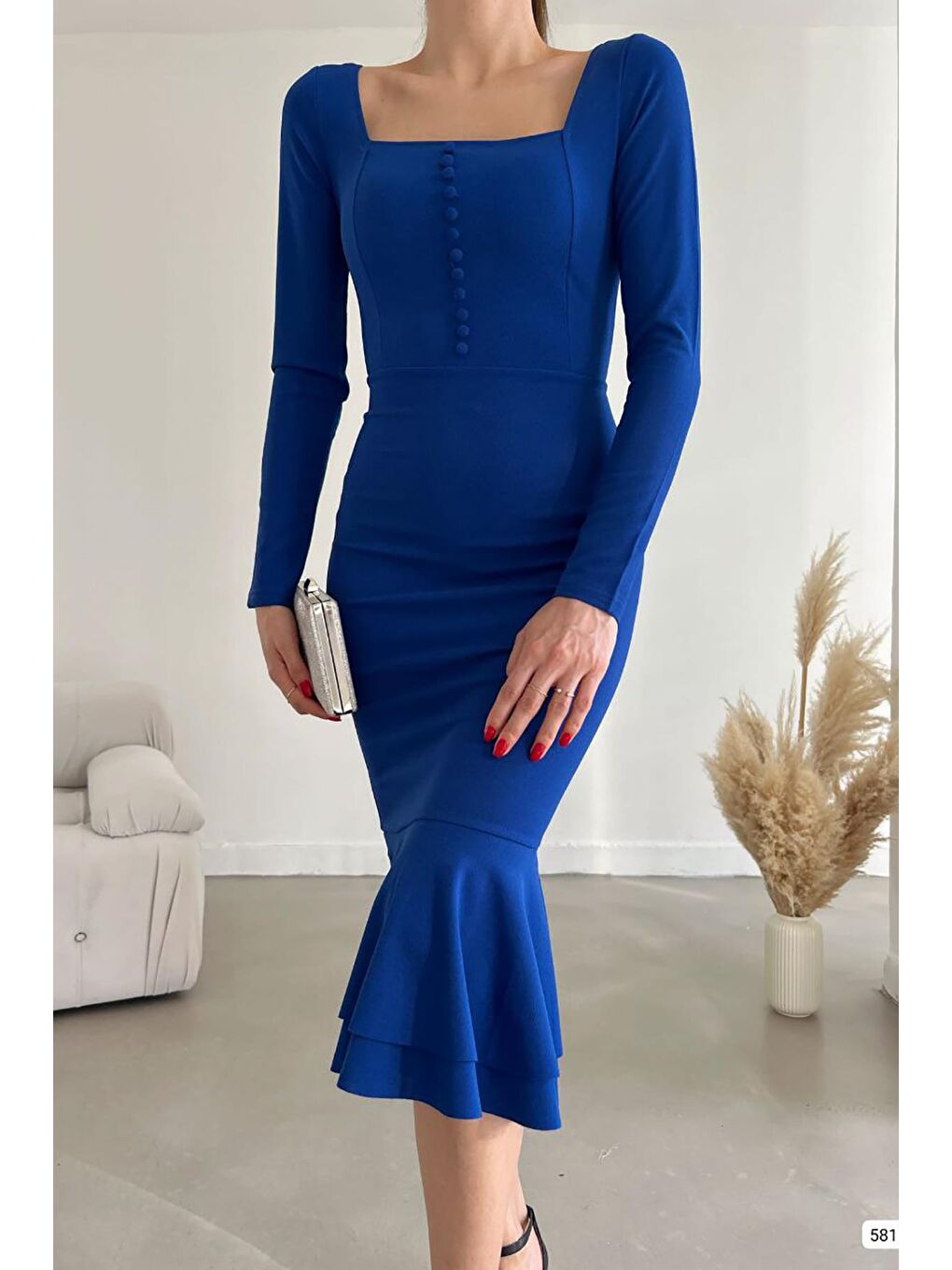 Mavi Düğme Detay Balık Model Midi Boy Uzun Kollu Elbise-3