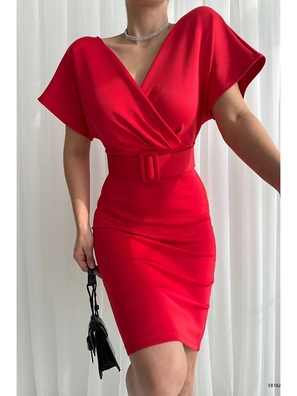 Kırmızı Kruvaze Yaka Kemerli Scuba Elbise-2