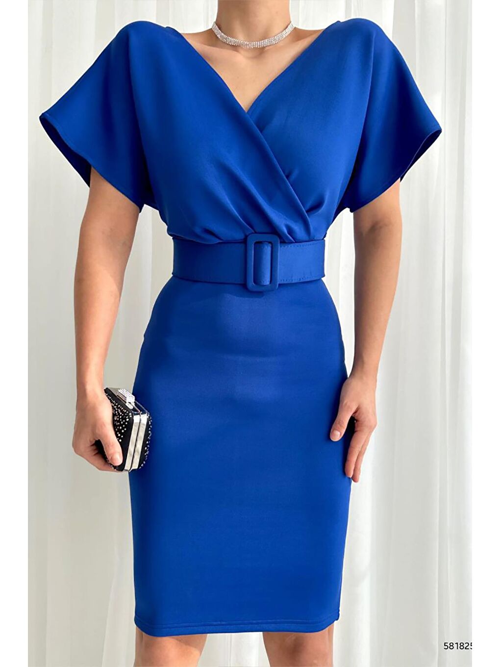 Mavi Kruvaze Yaka Kemerli Scuba Elbise