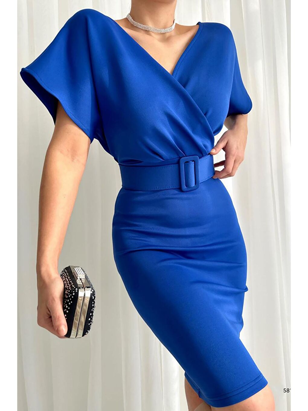 Mavi Kruvaze Yaka Kemerli Scuba Elbise-1