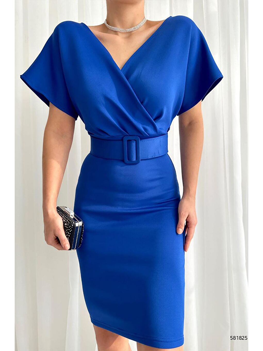 Mavi Kruvaze Yaka Kemerli Scuba Elbise-2