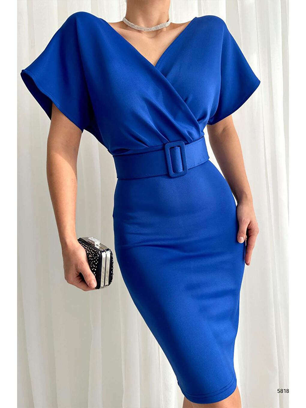 Mavi Kruvaze Yaka Kemerli Scuba Elbise-3