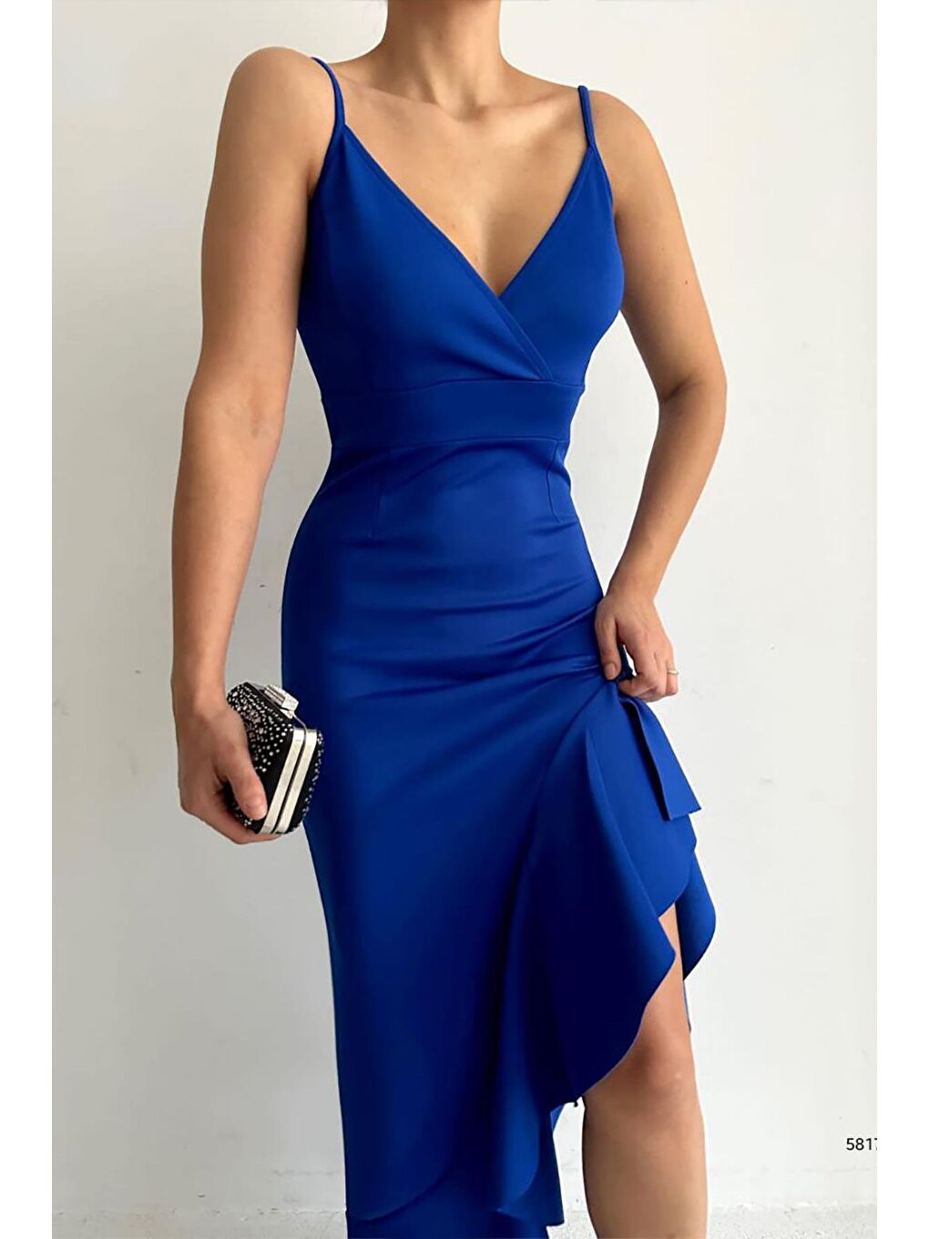 Saks Mavisi İnce Askılı Etek Ucu Asimetrik Volanlı Scuba Kumaş Abiye Elbise-1