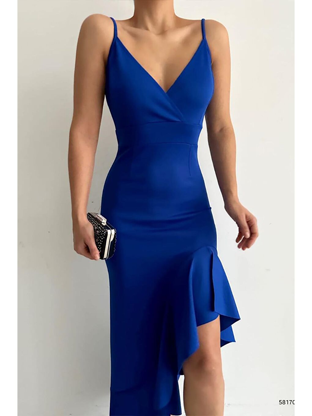 Saks Mavisi İnce Askılı Etek Ucu Asimetrik Volanlı Scuba Kumaş Abiye Elbise-2