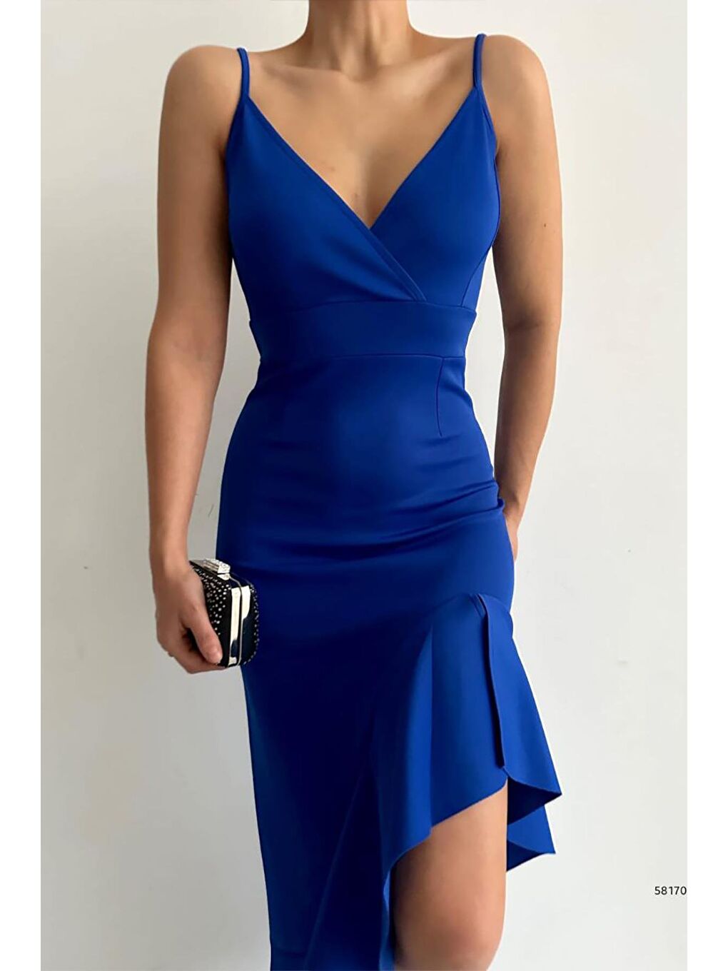 Saks Mavisi İnce Askılı Etek Ucu Asimetrik Volanlı Scuba Kumaş Abiye Elbise-3