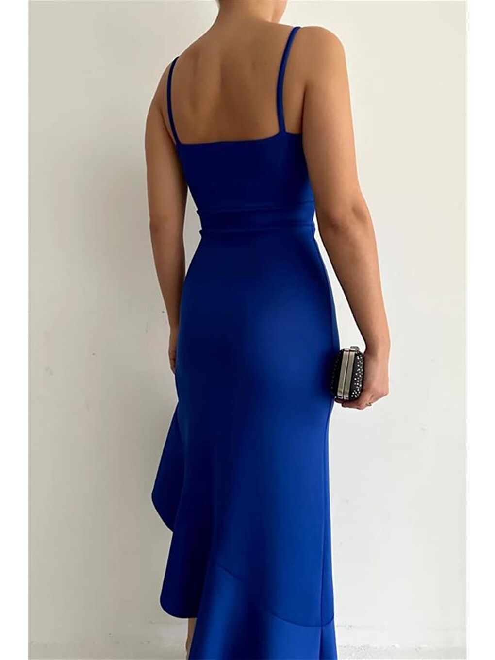 Saks Mavisi İnce Askılı Etek Ucu Asimetrik Volanlı Scuba Kumaş Abiye Elbise-4