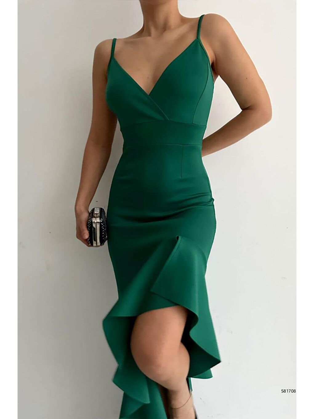 Yeşil İnce Askılı Etek Ucu Asimetrik Volanlı Scuba Kumaş Abiye Elbise-2