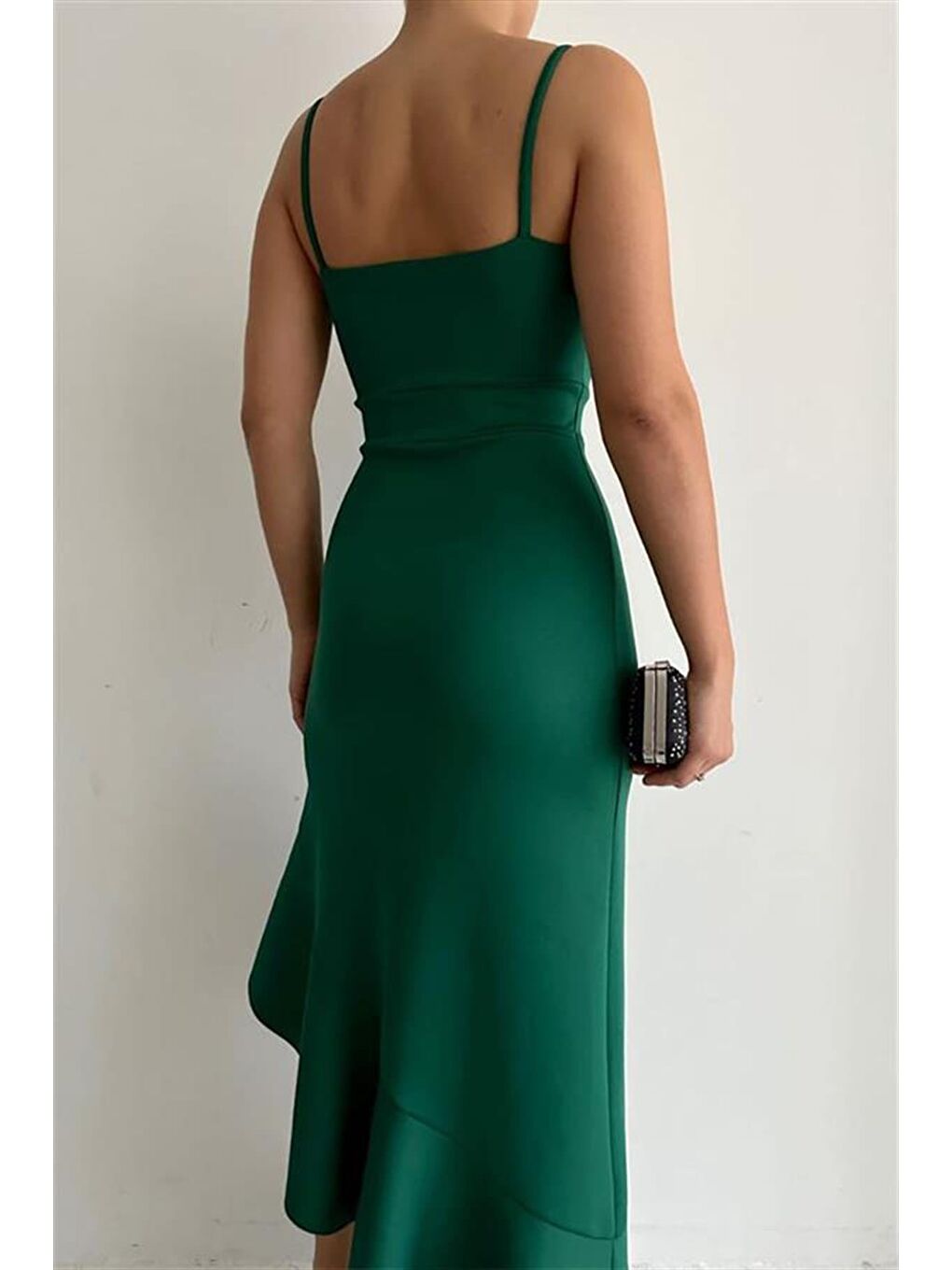 Yeşil İnce Askılı Etek Ucu Asimetrik Volanlı Scuba Kumaş Abiye Elbise-4