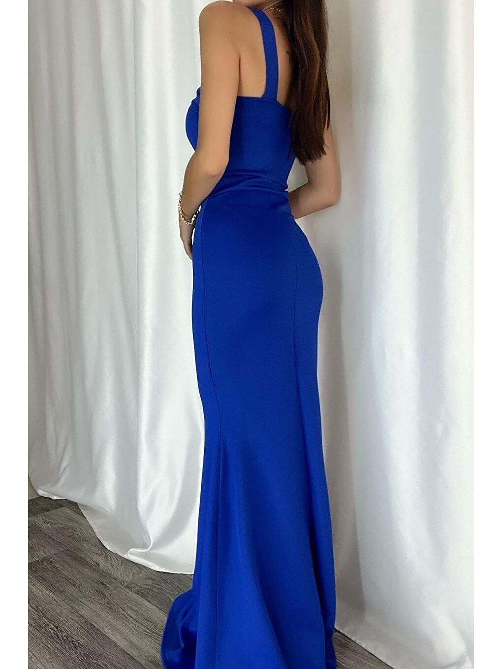 Mavi Scuba Kumaş Çapraz Yaka Askı Balık Elbise Abiye-2