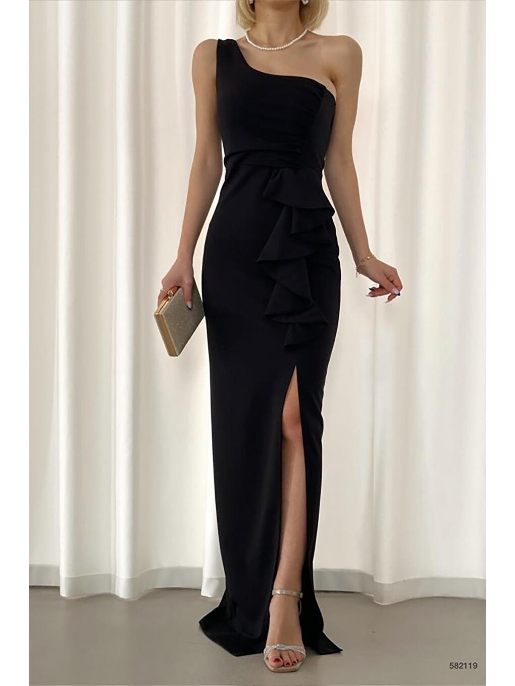 Siyah Tek Omuz İthal Krep Kumaş Volanlı Abiye Elbise-5