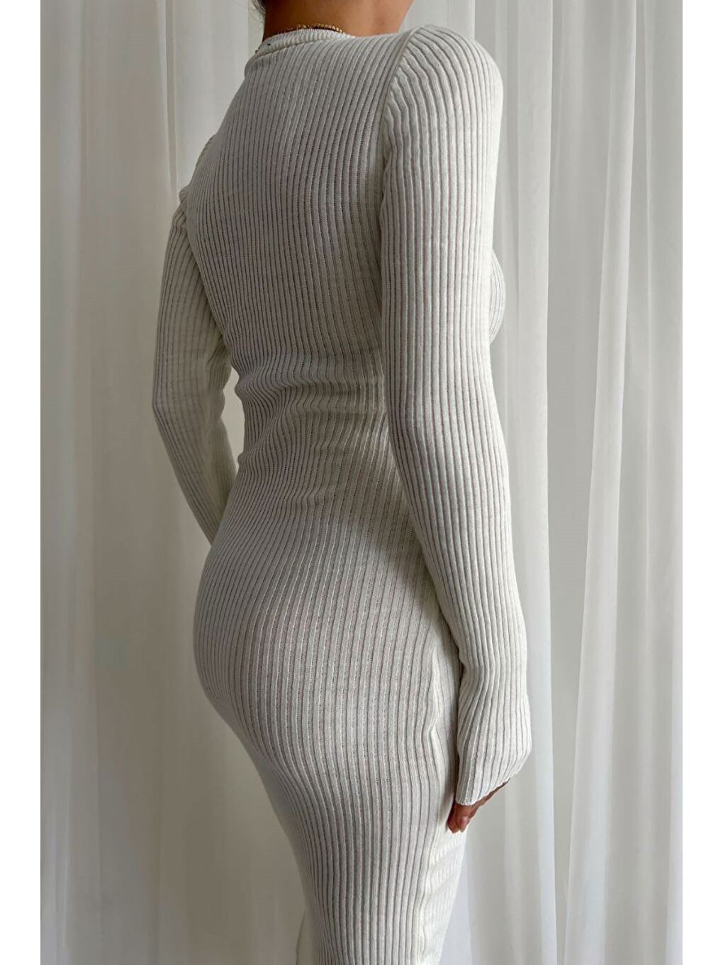 Ekru Kremrengi Bisiklet Yaka Uzun Kollu Triko Elbise-2