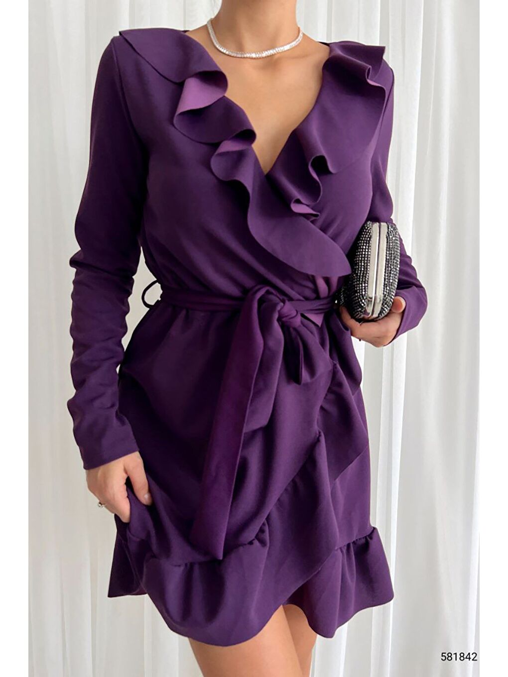 Mor Önü Fırfırlı Ve Volanlı Kuşaklı Elbise-1