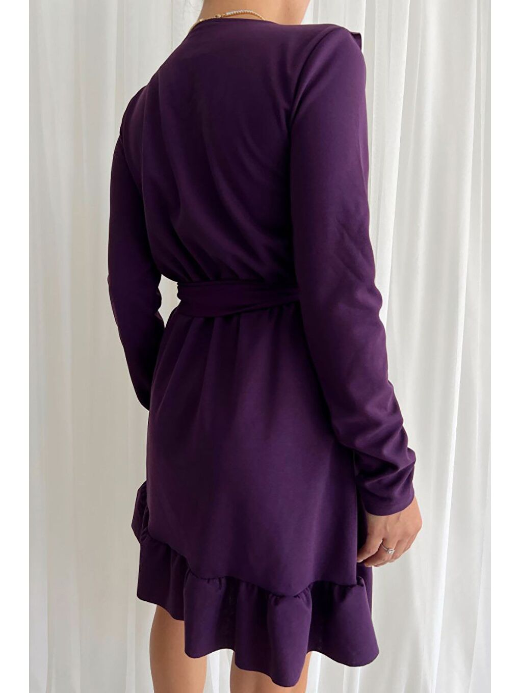 Mor Önü Fırfırlı Ve Volanlı Kuşaklı Elbise-3